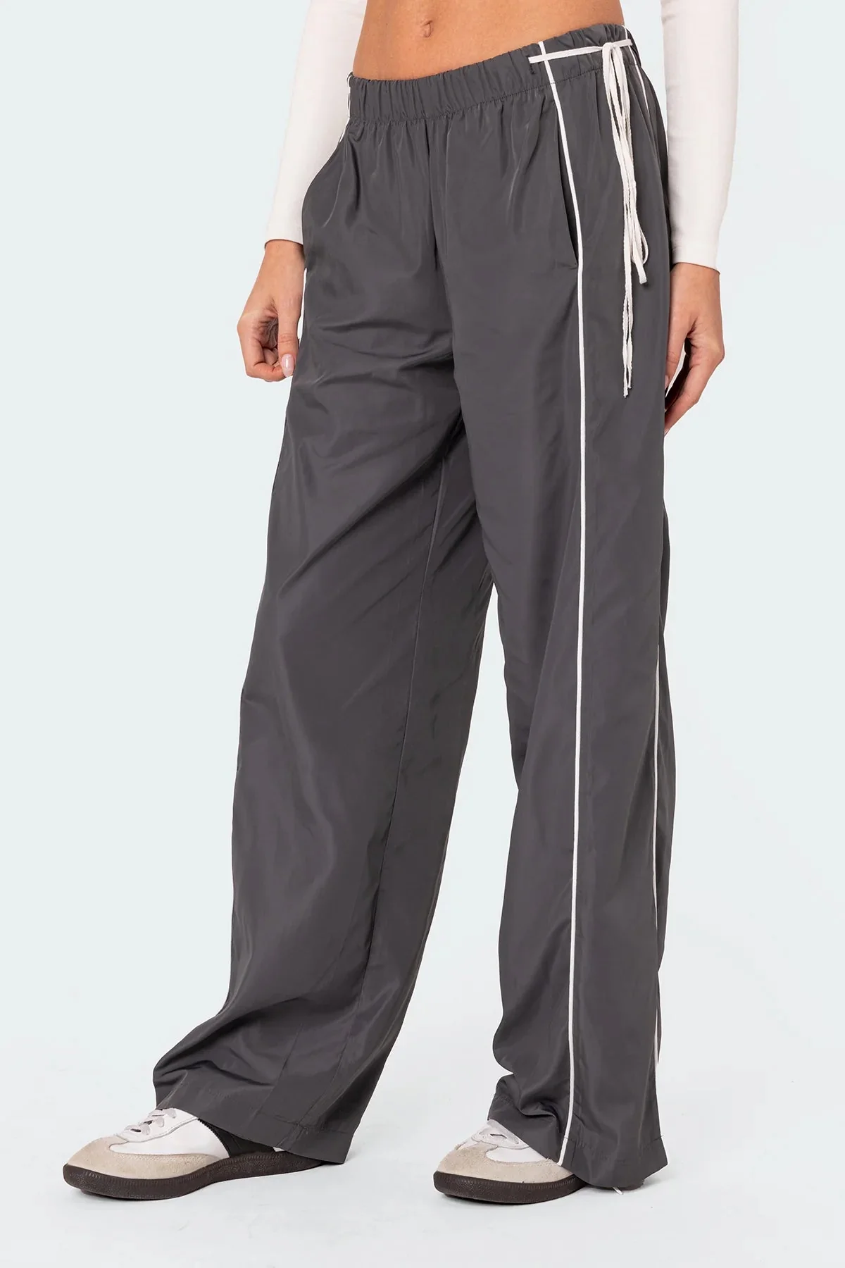 Dark Gray Ribbon Track Pants Womens Elastic Waistband