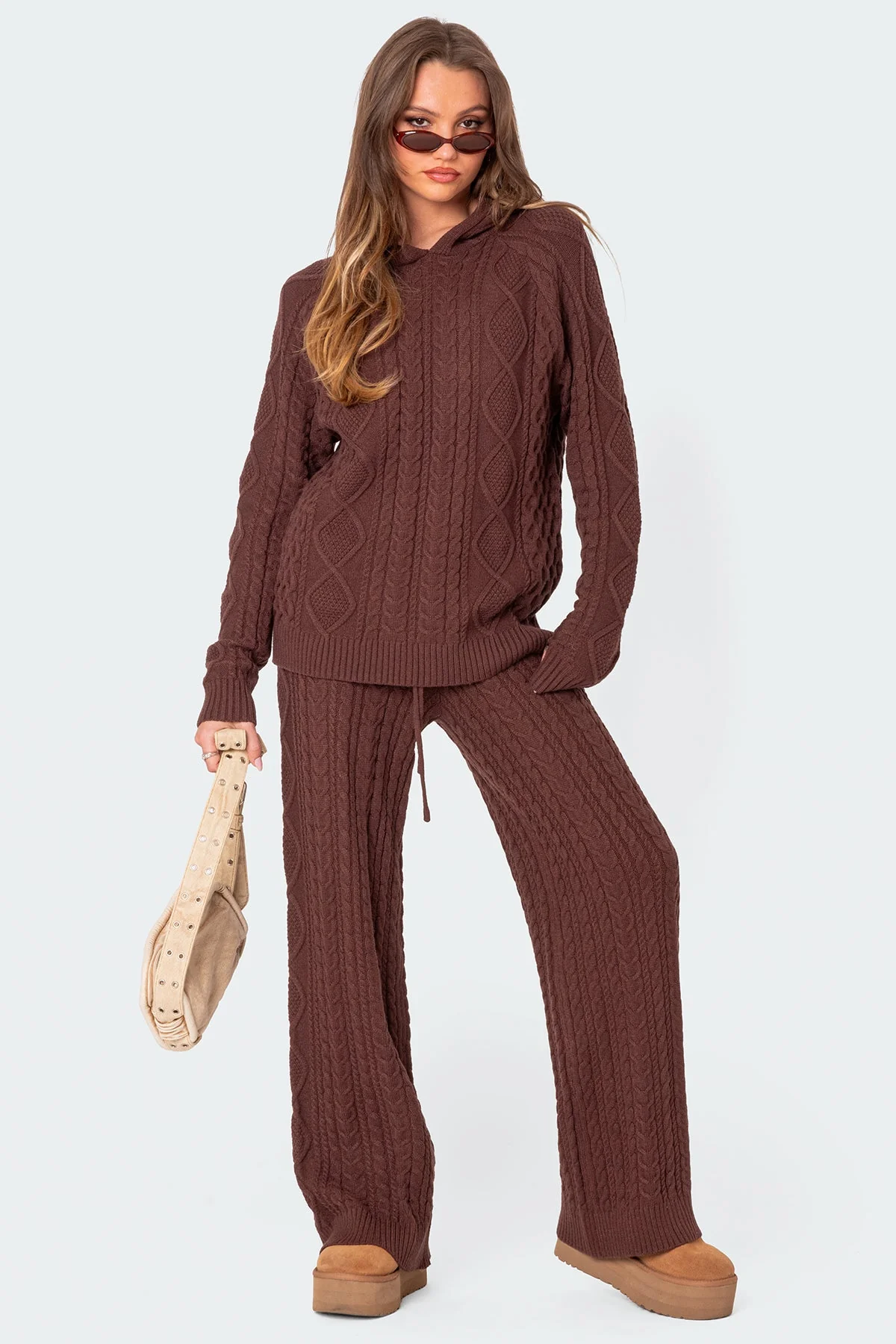 Brown Cable Knit Relaxed Pants Set