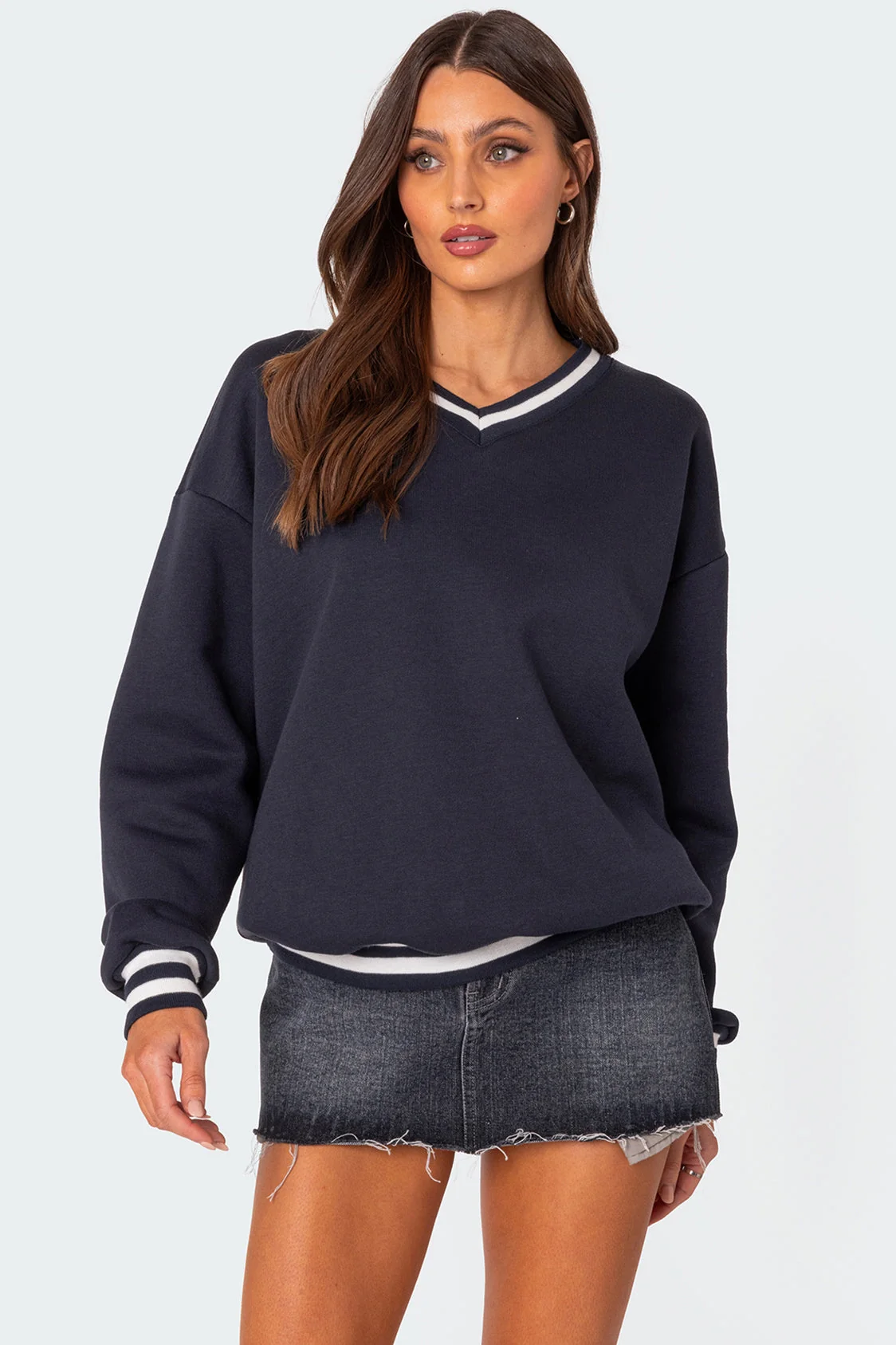 Navy Oversized V Neck Sweatshirt Womens Cozy Long Sleeve Top