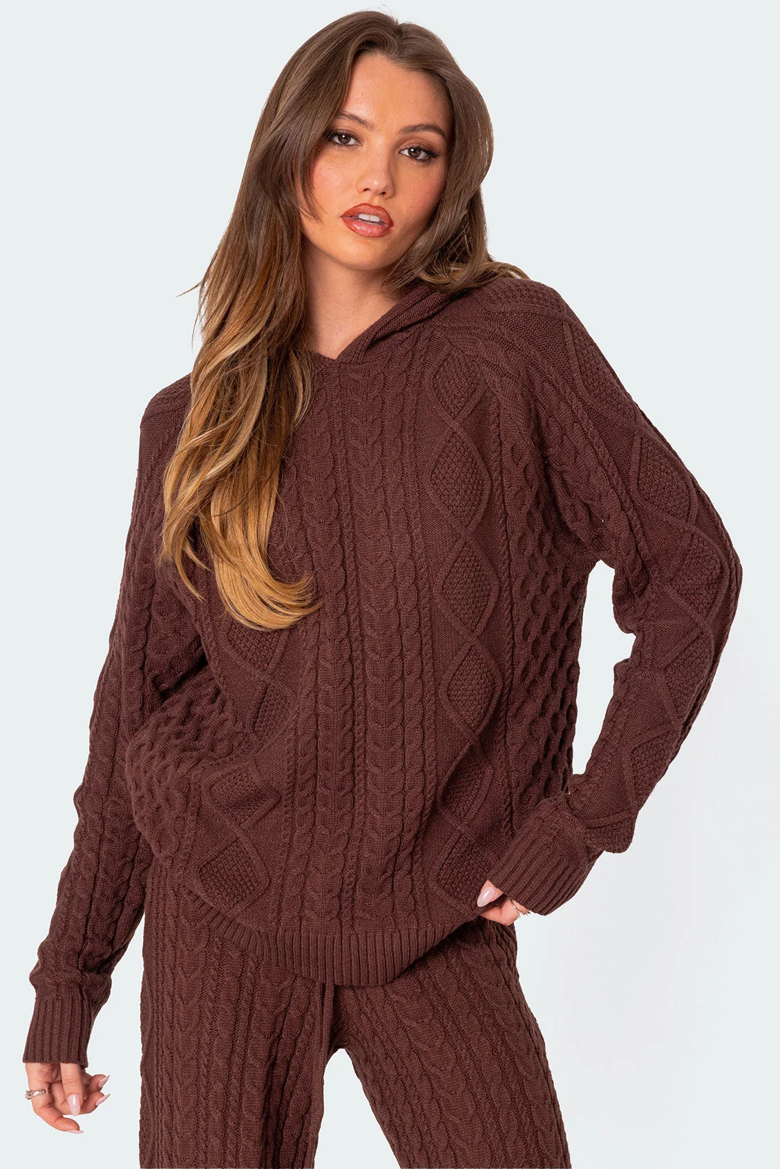Brown Cable Knit Hoodie Set