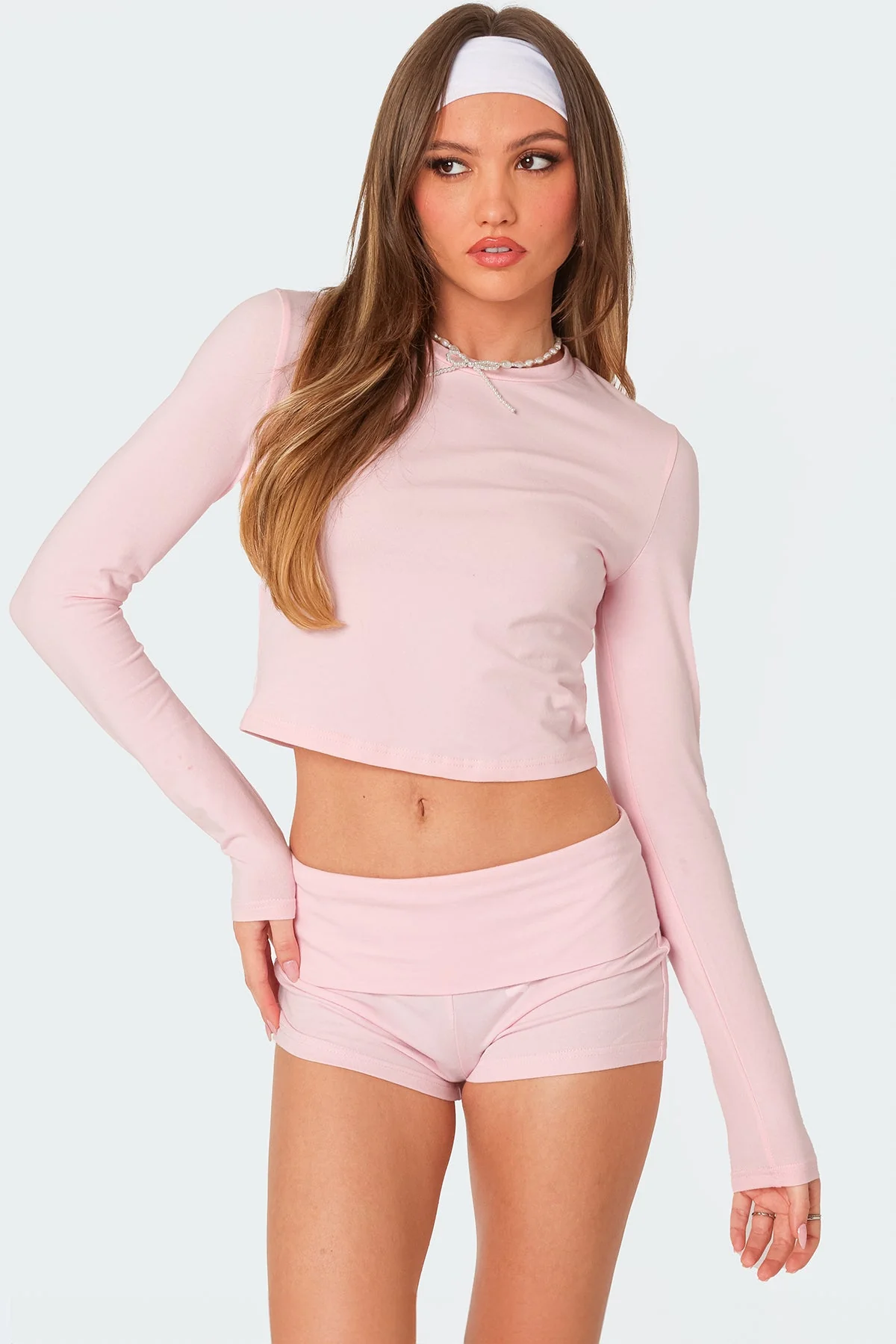 Pink Long Sleeve Cotton Spandex Top for Women