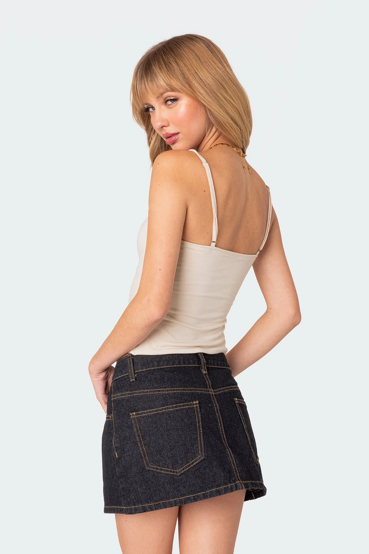 Cream Double Slit Tank Top - Adjustable Straps Polyester Spandex