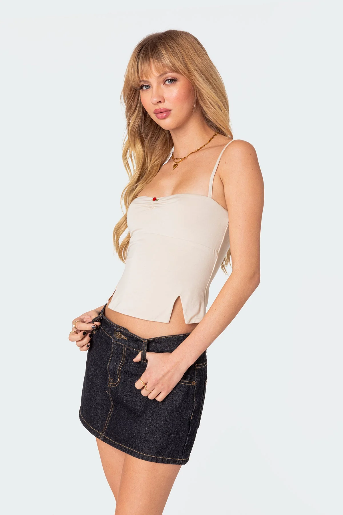 Cream Double Slit Tank Top - Adjustable Straps Polyester Spandex