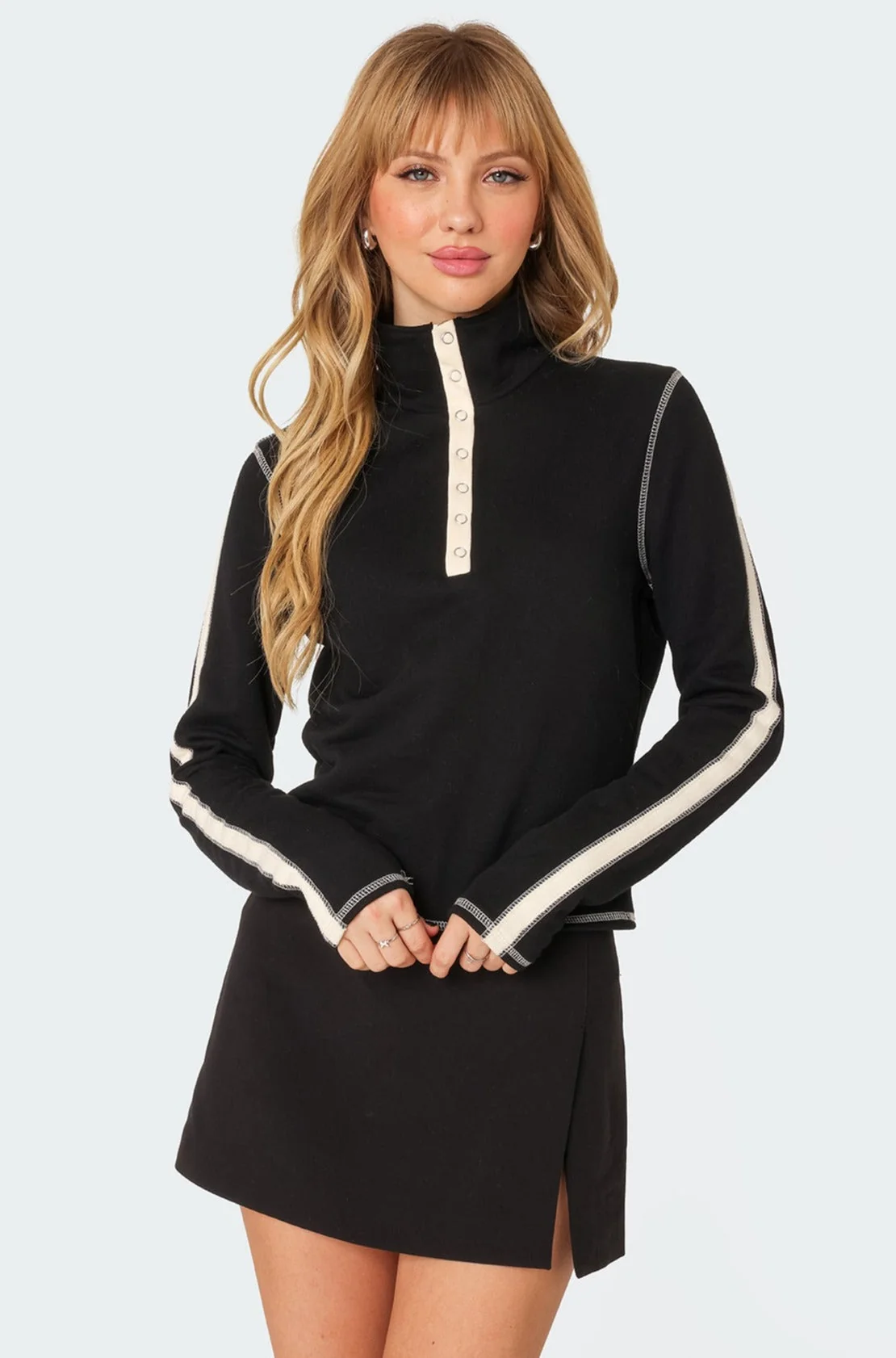 Black Cotton High Neck Long Sleeve Top with Contrast Stitching