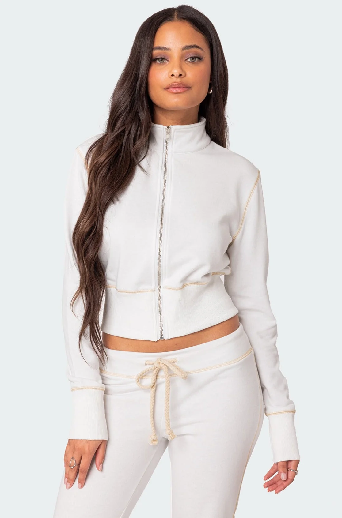 White High Neck Zip Up Sweatshirt Womens Loungewear Set
