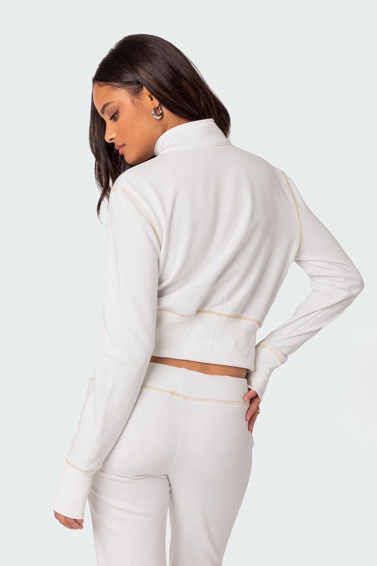 White High Neck Zip Up Sweatshirt Womens Loungewear Set