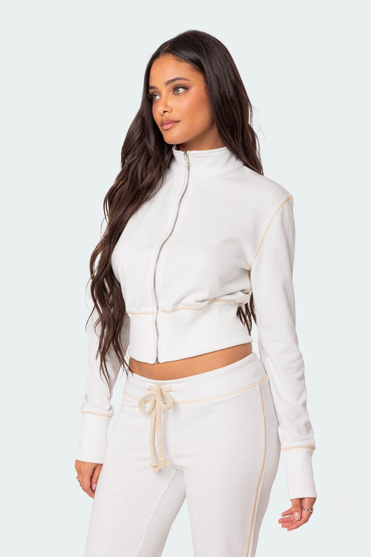 White High Neck Zip Up Sweatshirt Womens Loungewear Set