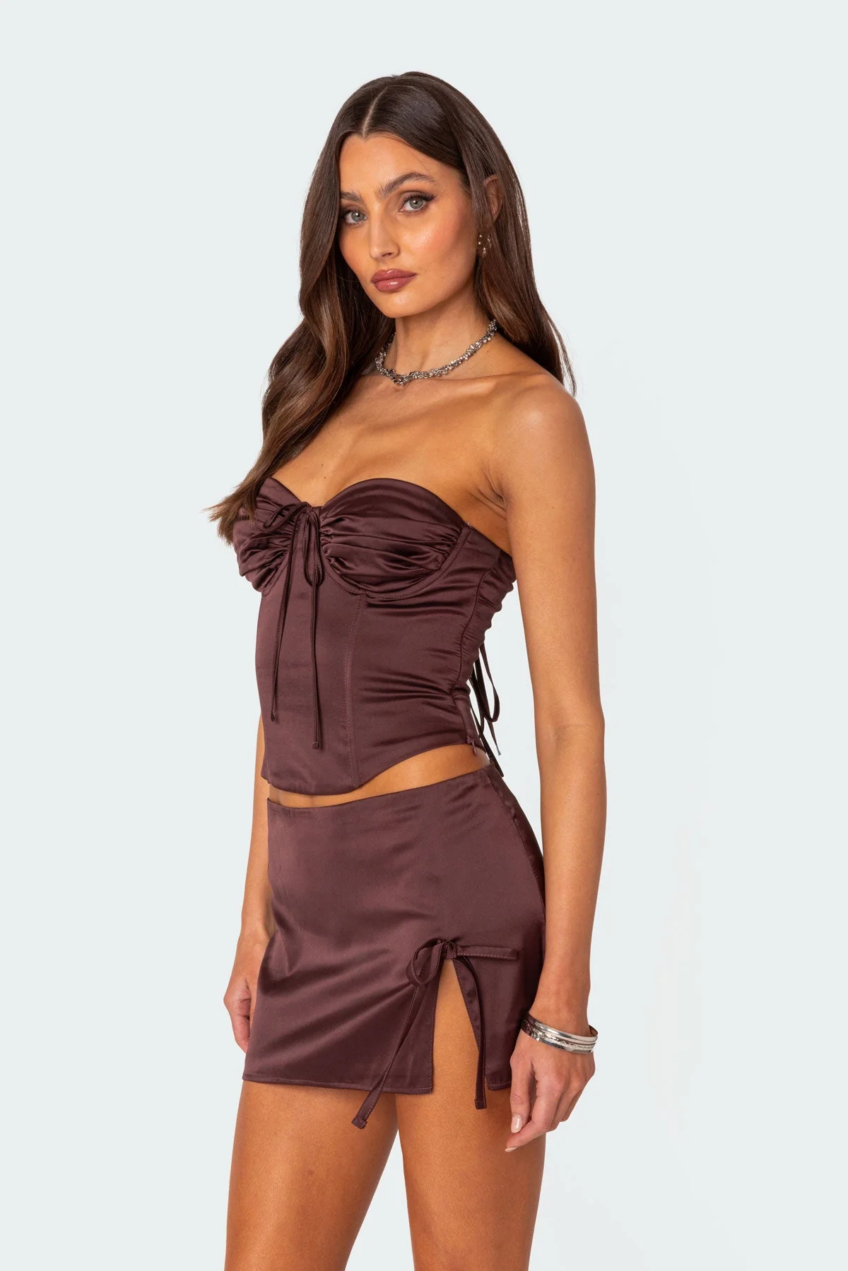 Brown Satin Lace-Up Corset with Ruched Detailing