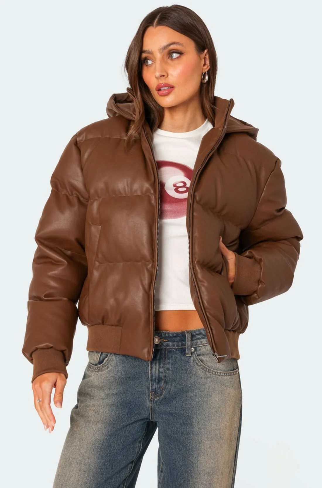 Brown Faux Leather Hooded Puffer Jacket