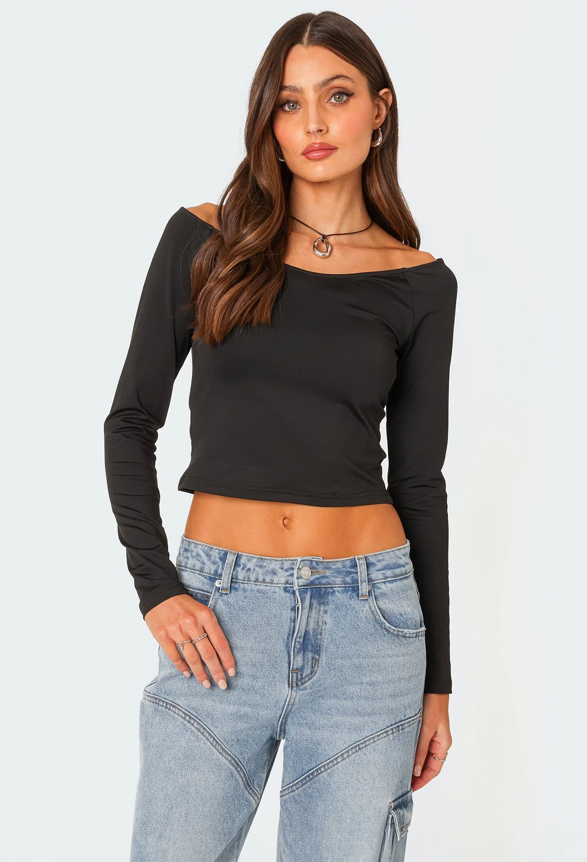 Tahlia Black Off-Shoulder V-Neck Top