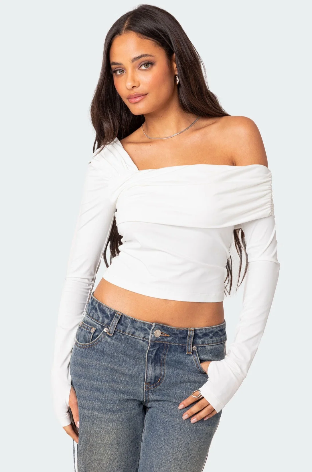 White Asymmetric Neckline Fold Over Long-Sleeve Top