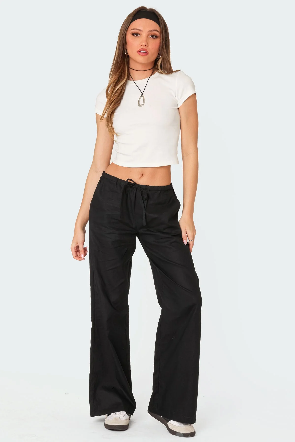 Black Linen Look Straight Pants Drawstring Waist