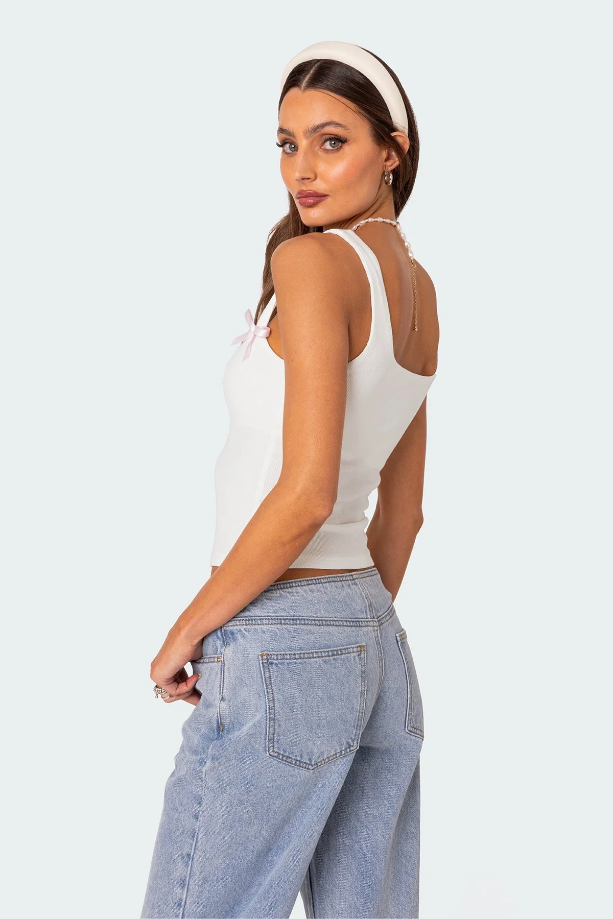 Ribbed White Tank Top with Bow Detailing