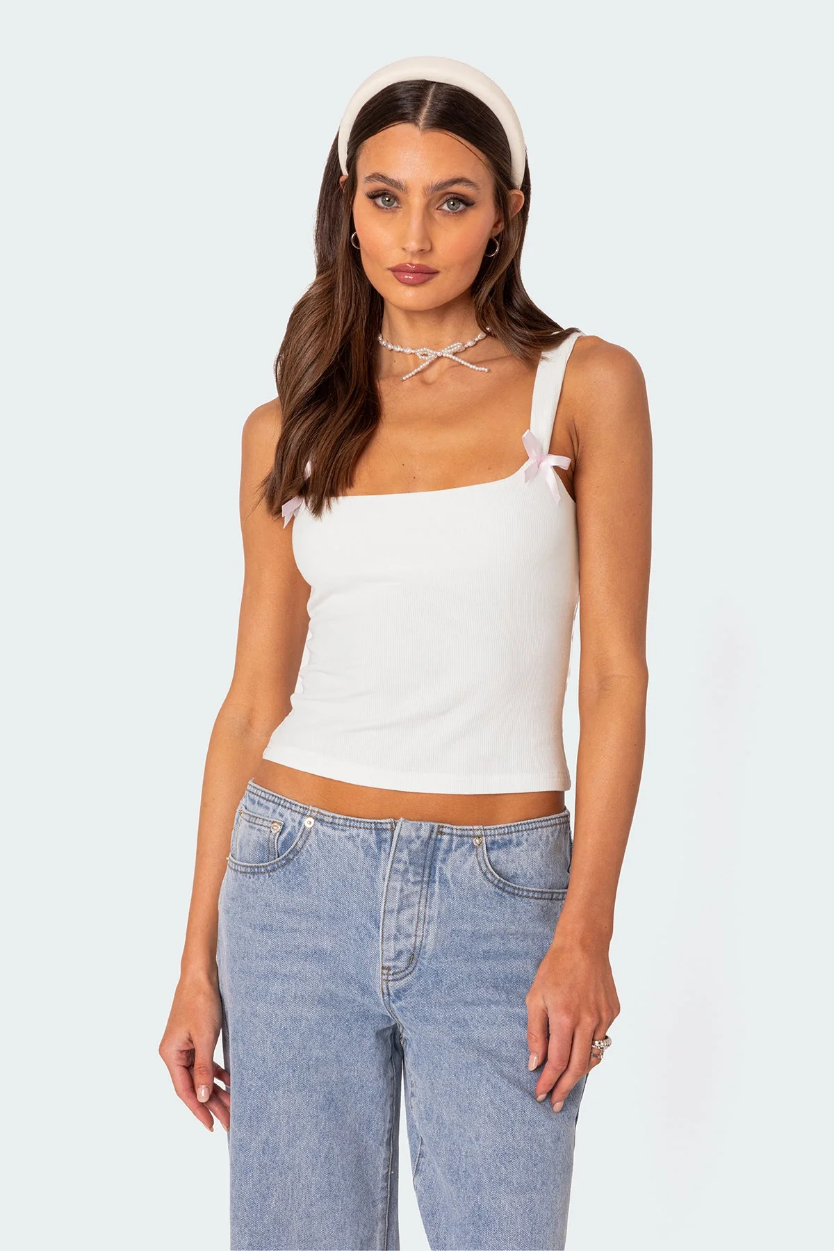 Ribbed White Tank Top with Bow Detailing