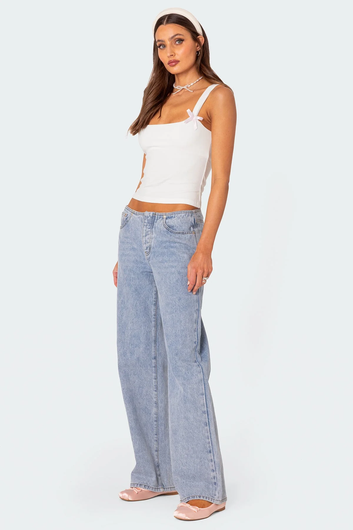 Ribbed White Tank Top with Bow Detailing