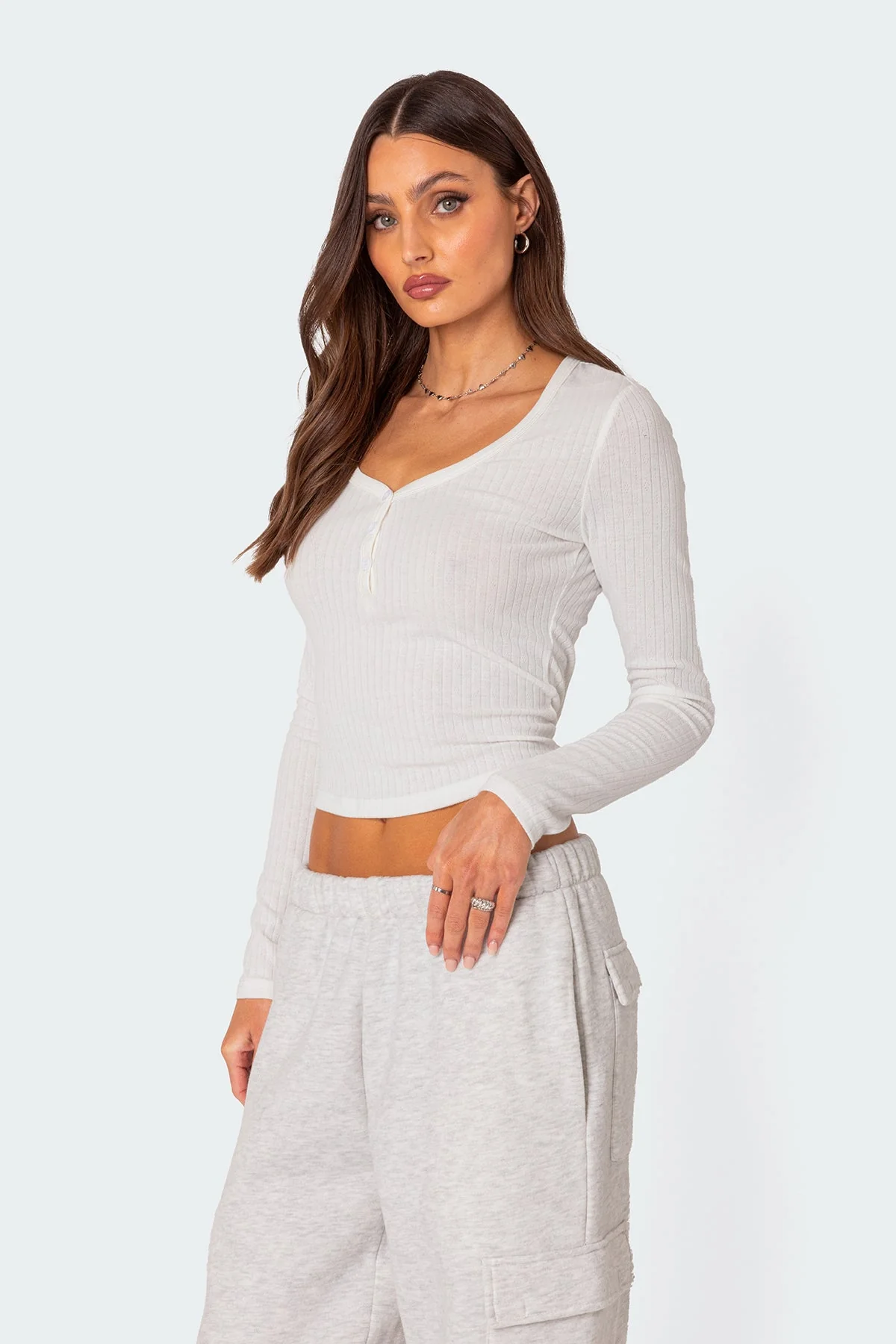White Pointelle Long Sleeve Top