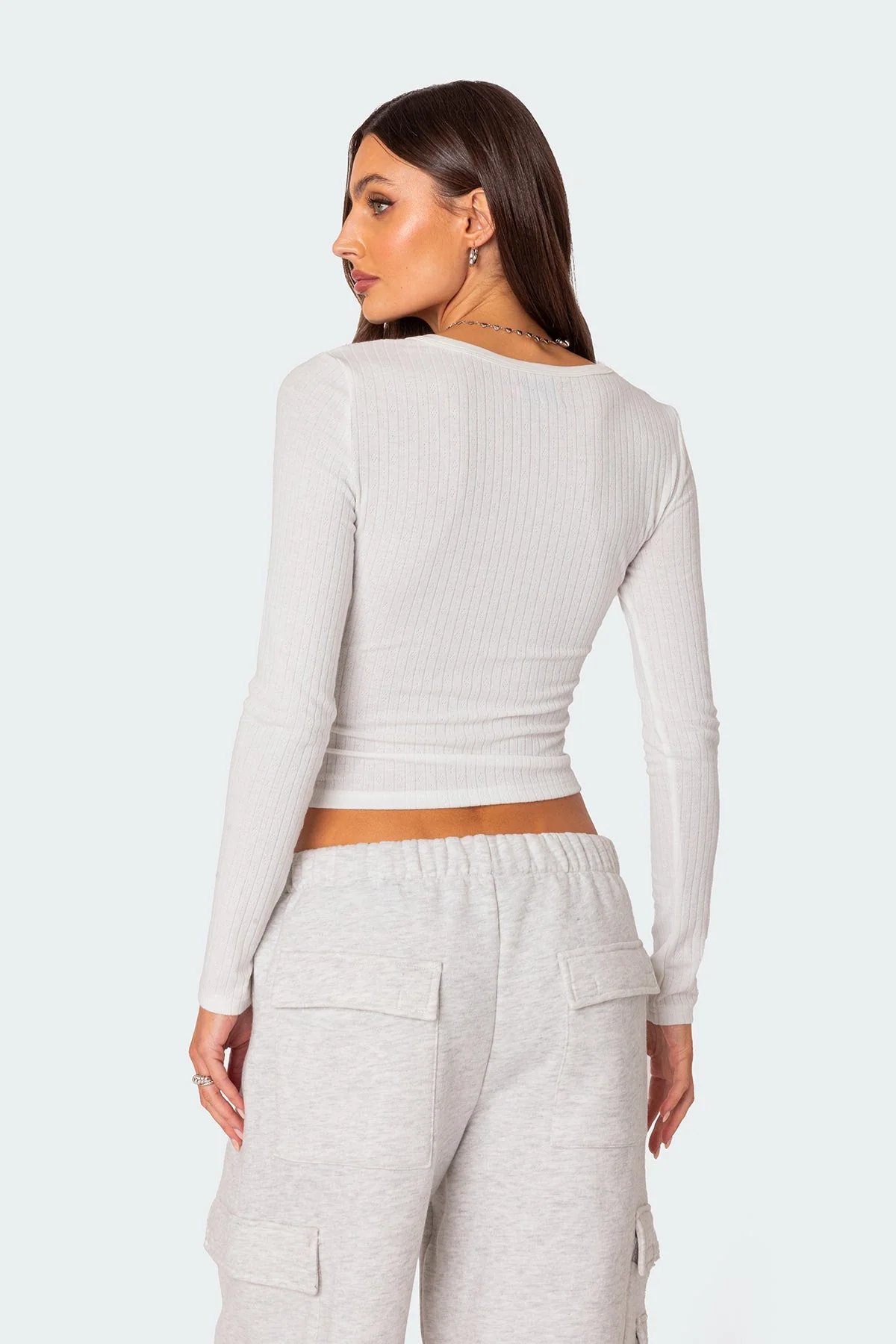 White Pointelle Long Sleeve Top
