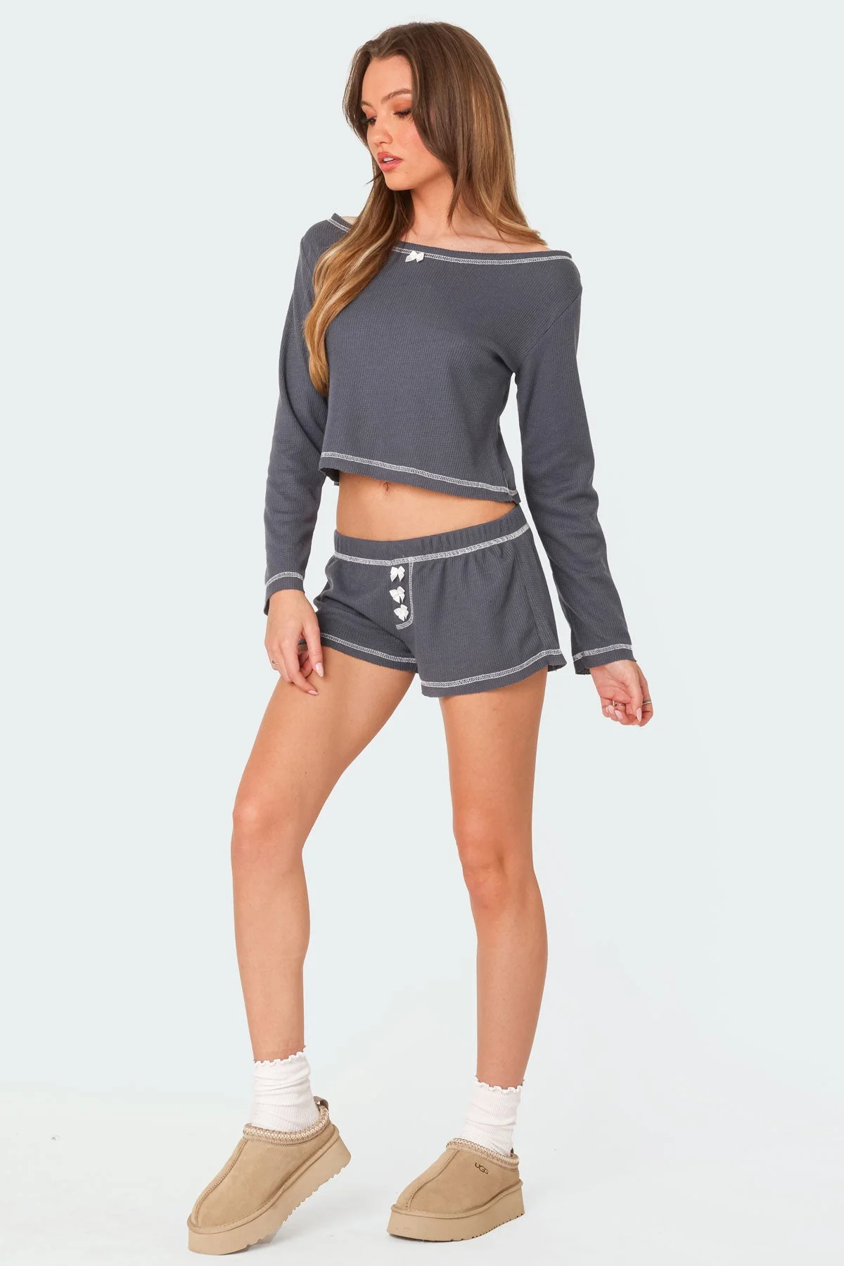 Navy Waffle Stitch Long Sleeve Sleepwear Top for Women
