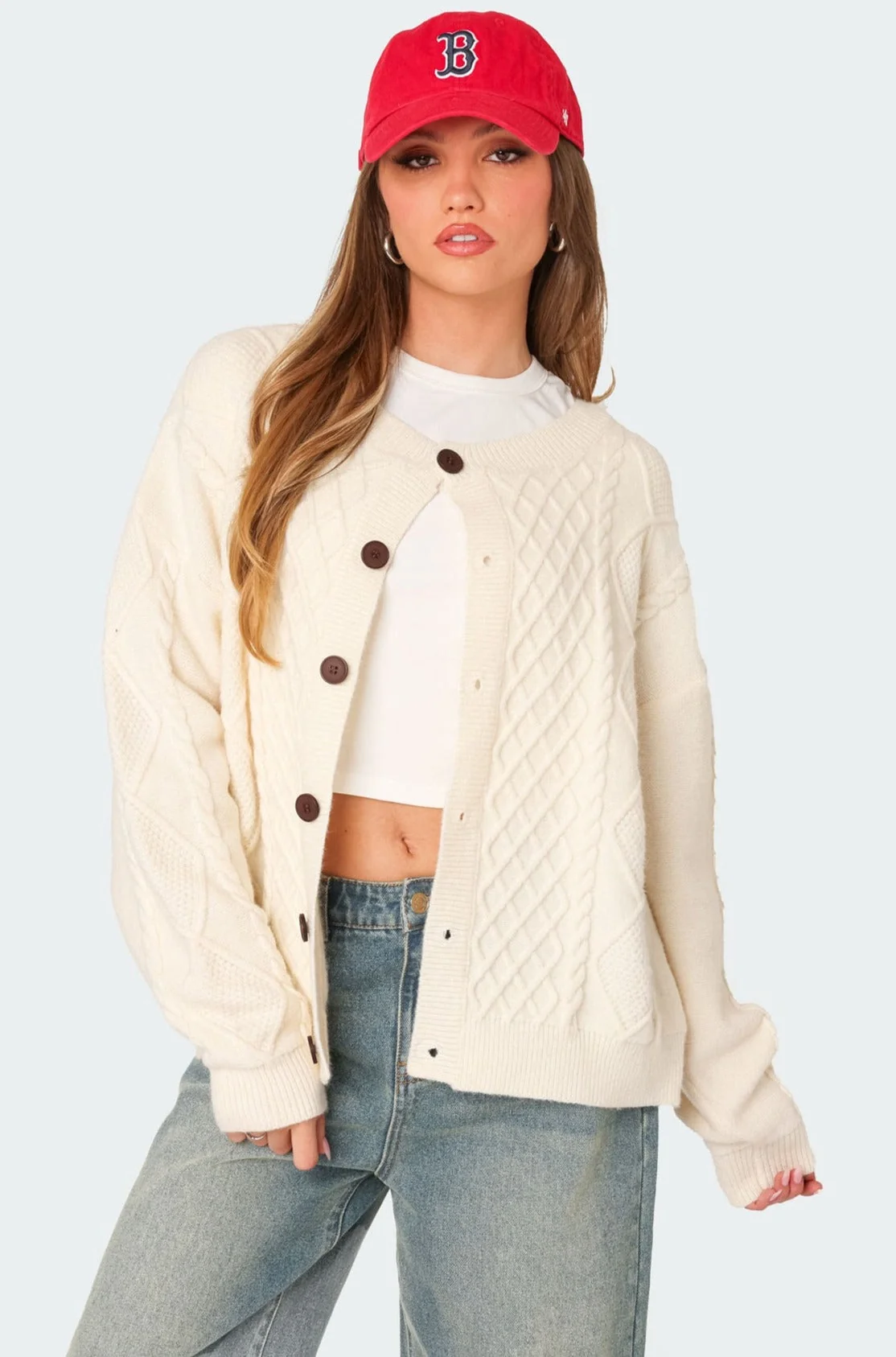 Cream Oversized Cable Knit Cardigan Womens Long Sleeve Sweater