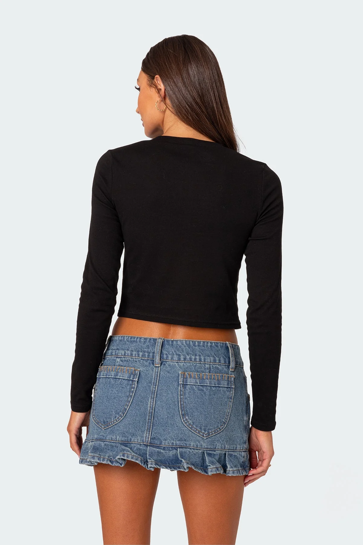 Black Graphic Print Long Sleeve Cotton Spandex T-Shirt