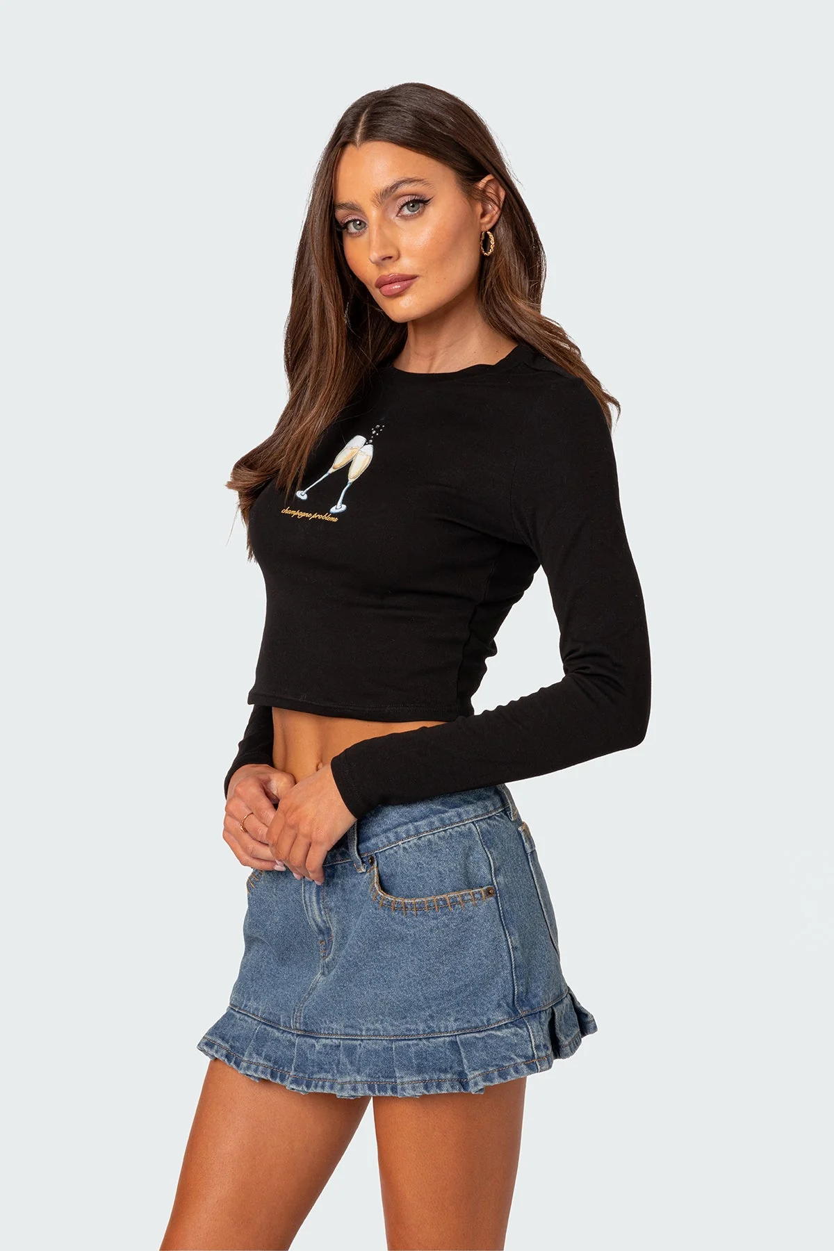 Black Graphic Print Long Sleeve Cotton Spandex T-Shirt