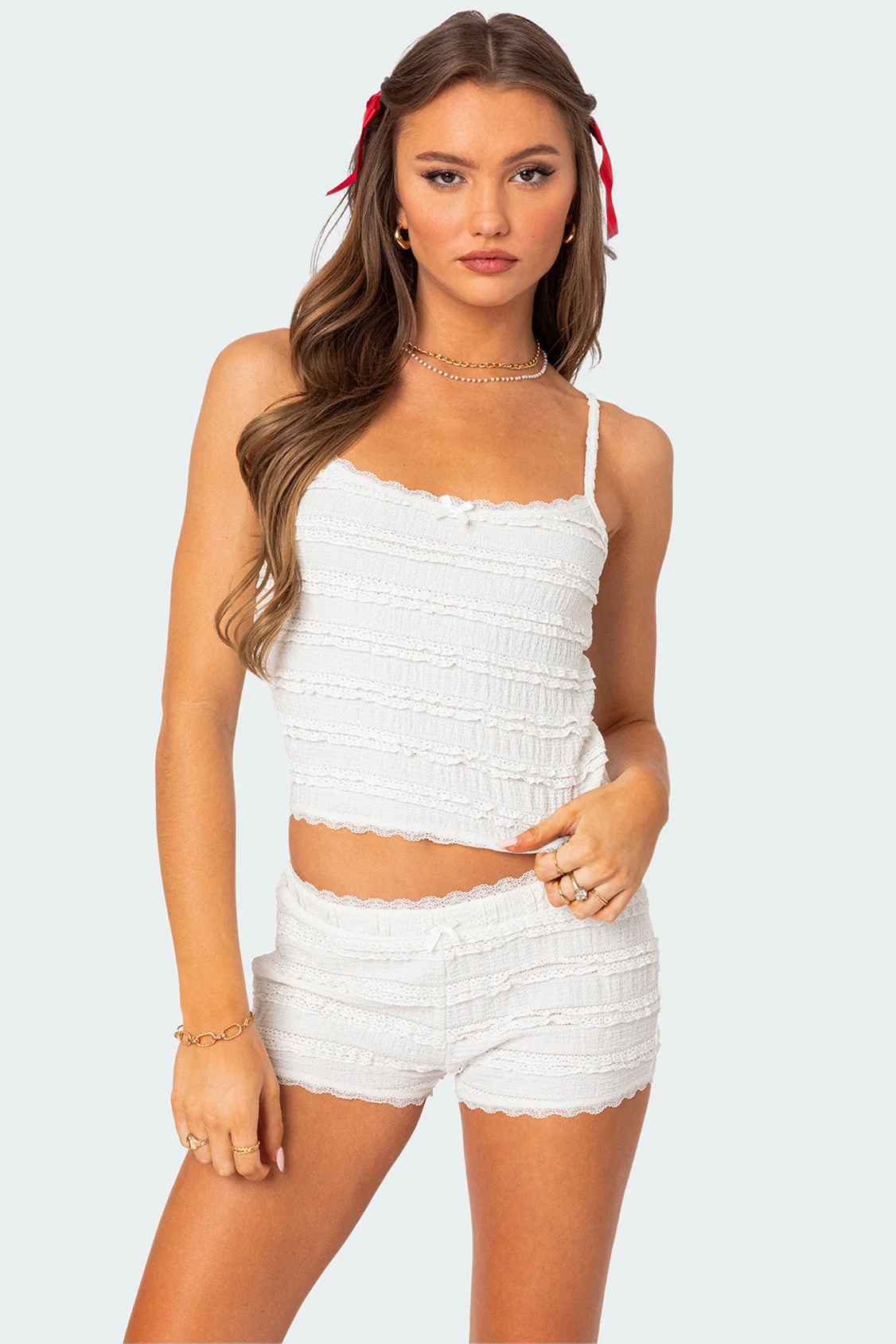 White Ruffled Lace Tank Top - Adjustable Straps, Loungewear Set