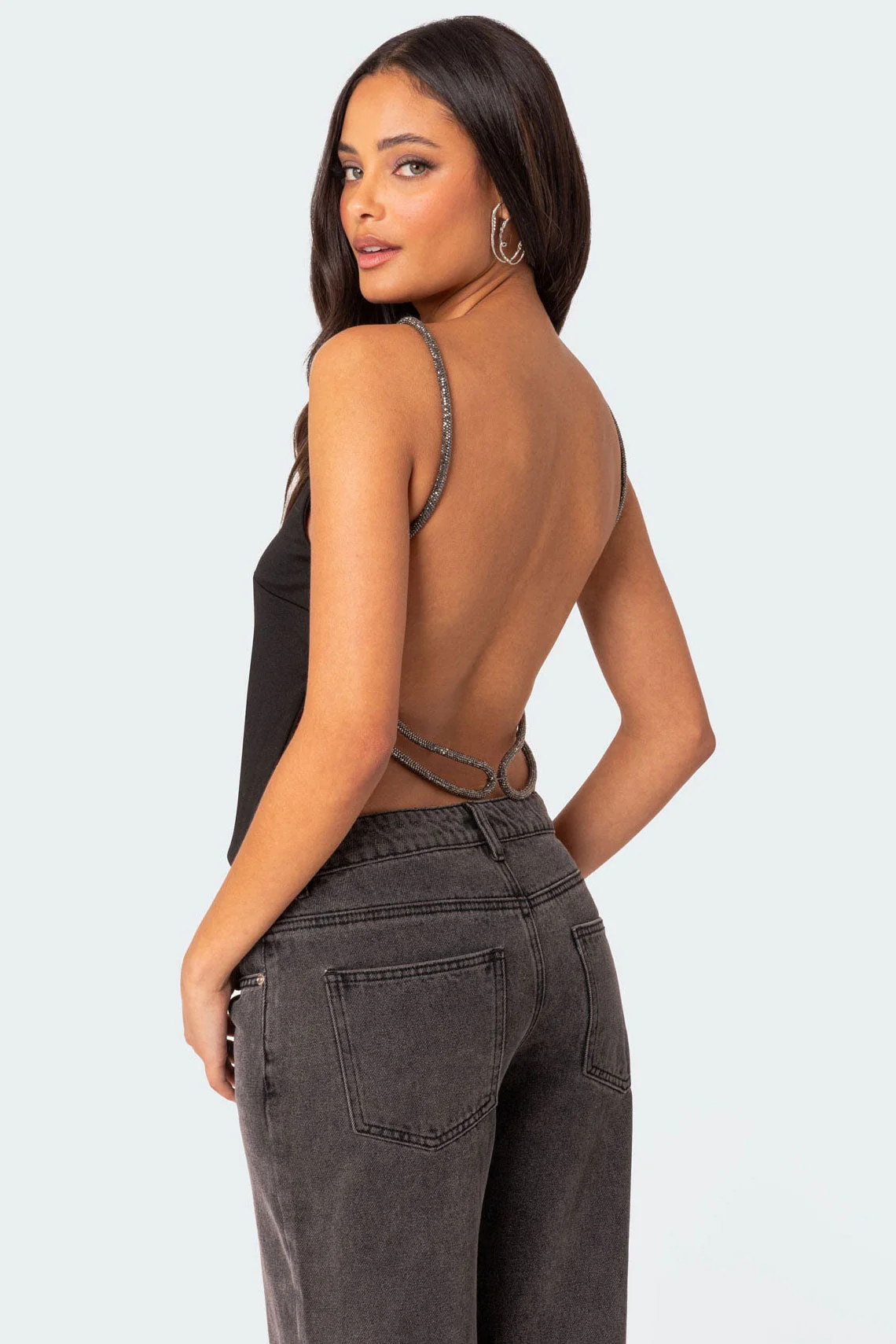 Chic Black Rhinestone Strap Backless Top