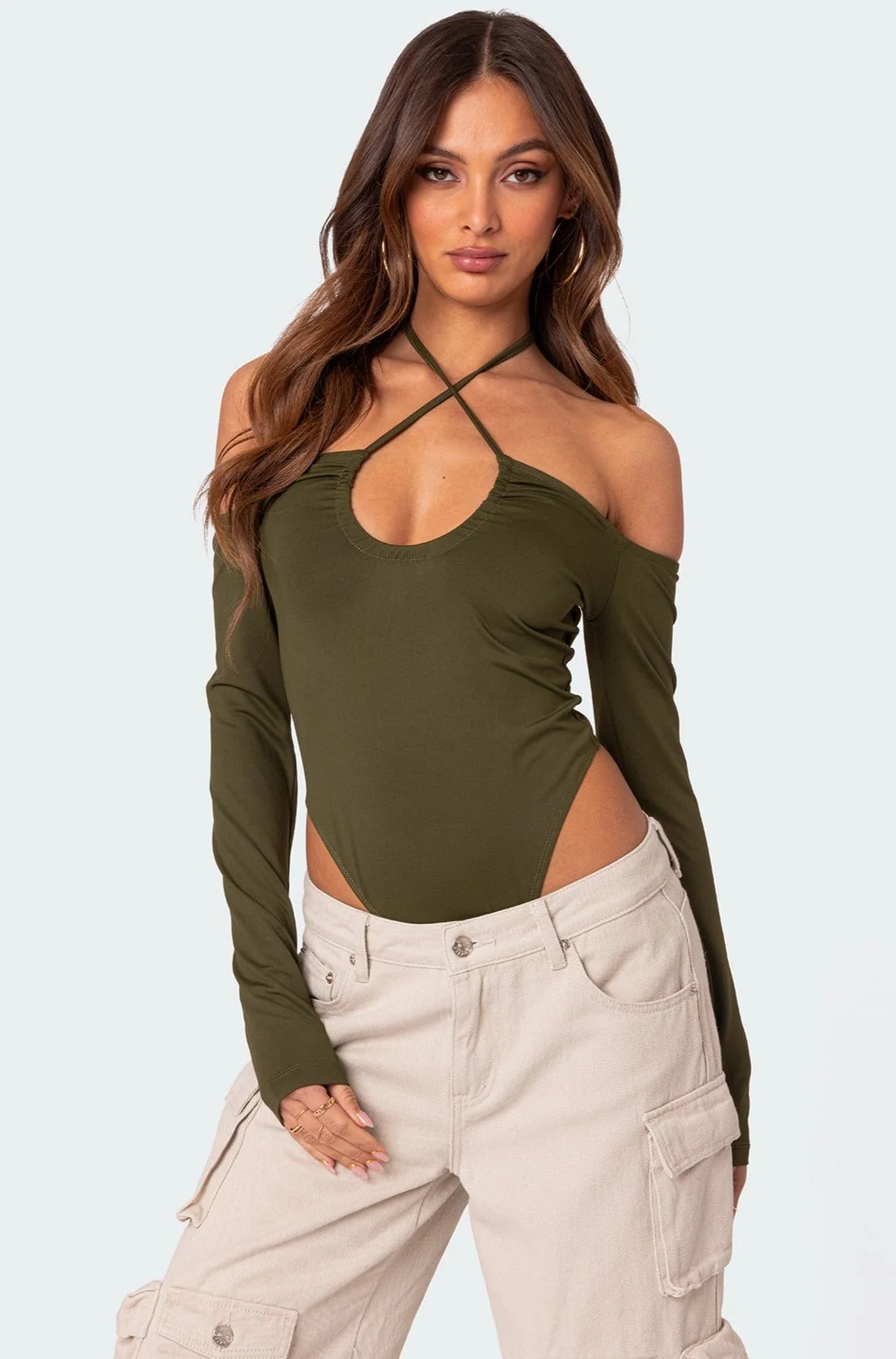 Olive Plunge Neck Long Sleeve Bodysuit