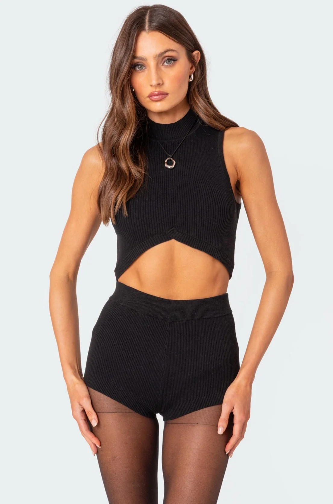 Black High Neck Knit Crop Top