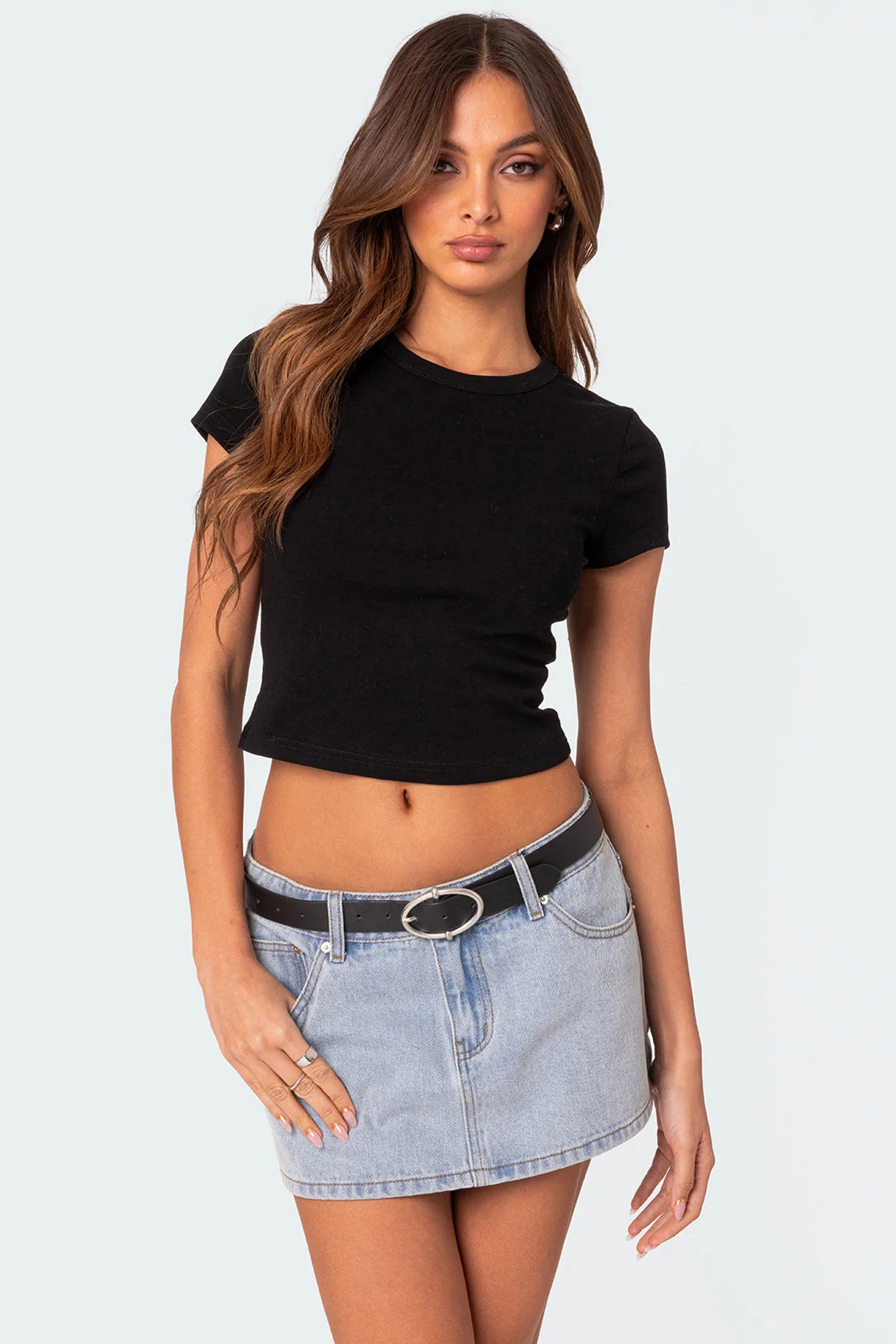 Cropped Cotton Spandex T-Shirt in Black