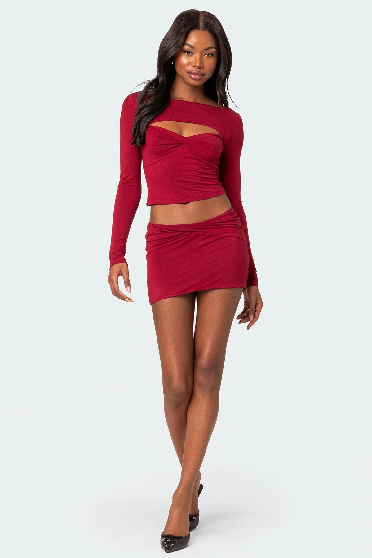 Burgundy Twist Front Mini Skirt Set for Women