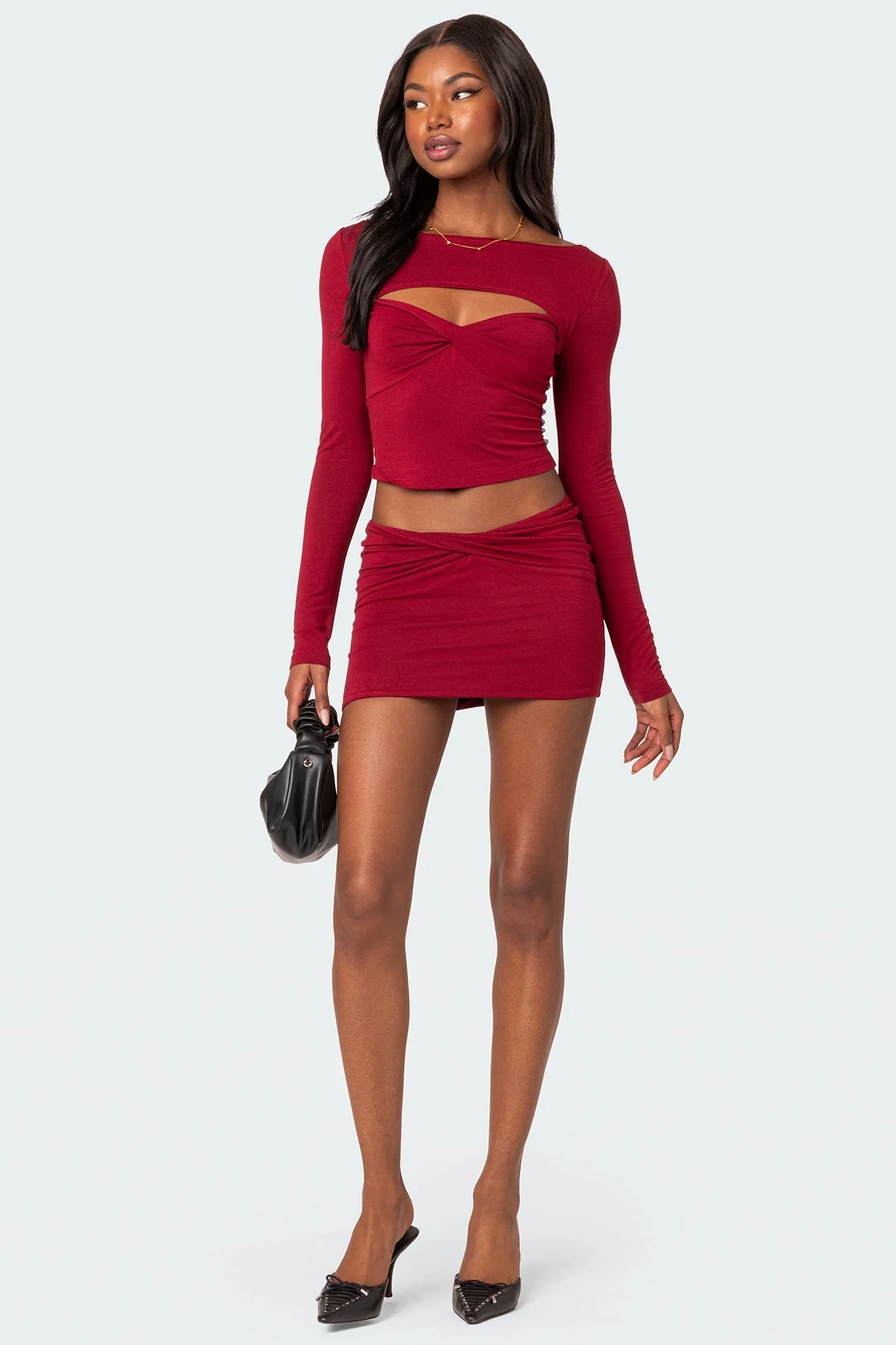 Burgundy Twist Front Mini Skirt Set for Women