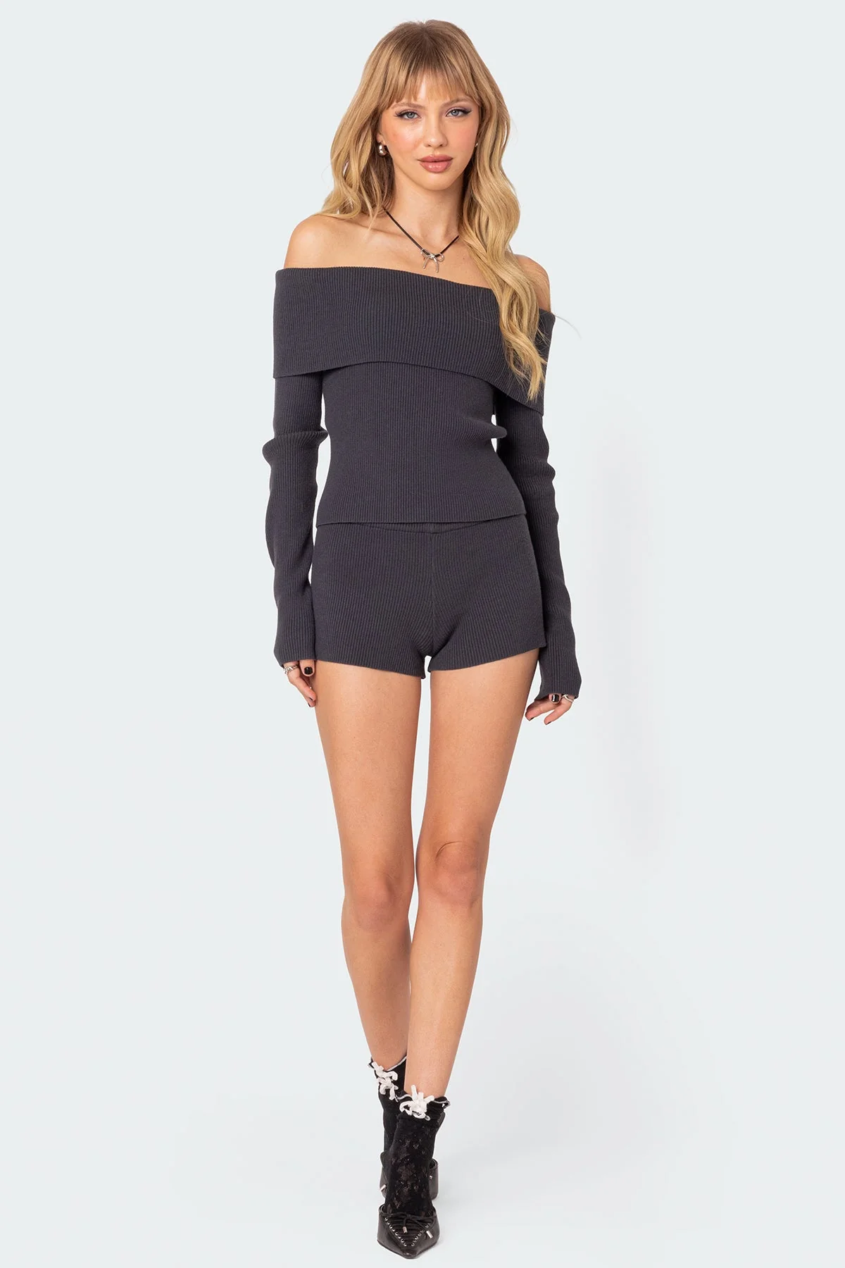 Dark Gray Knit Fold Over Sweater