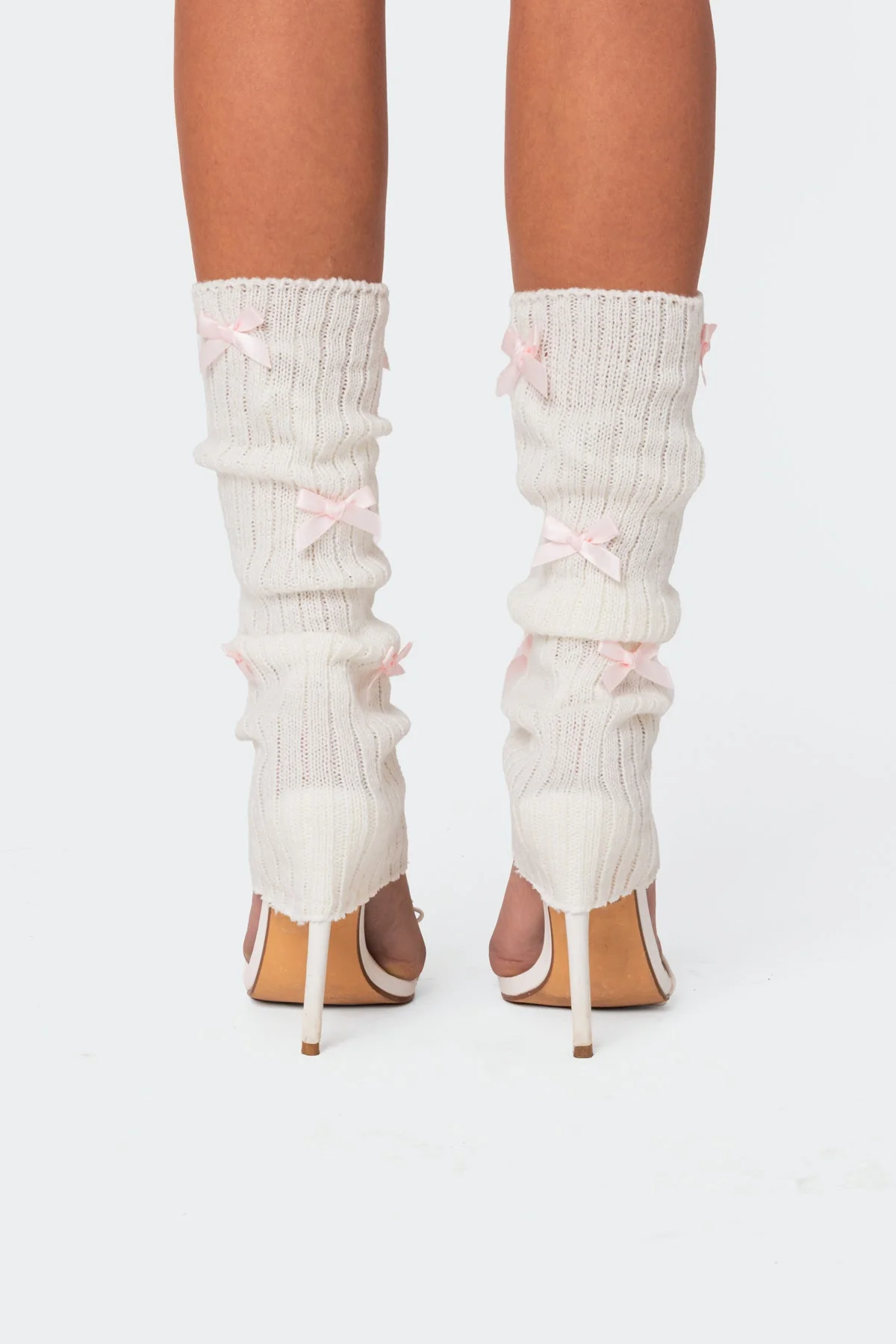 White and Pink Knit Leg Warmers with Satin Bow Detailing