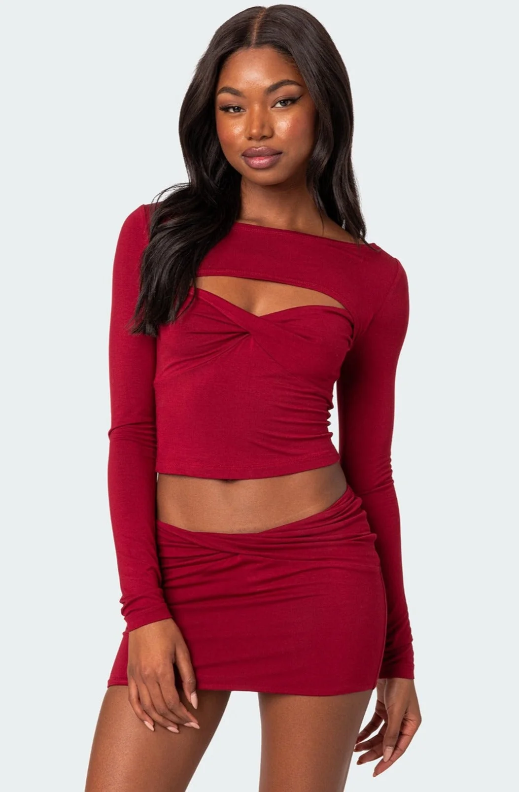 Burgundy Cut-Out Twist Front Womens Top