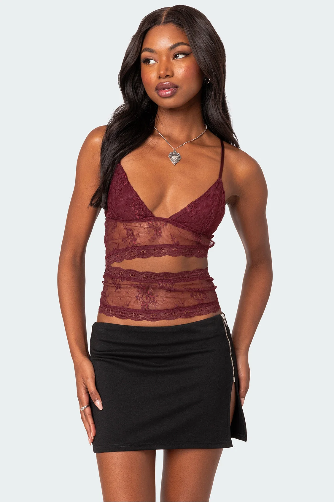 Burgundy Sheer Lace Tank Top - Womens Cut Out Sleeveless Blouse