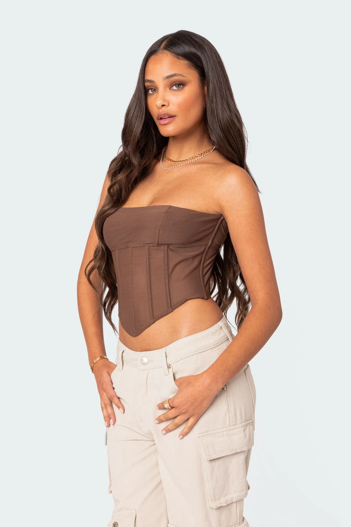 Evangeline Sheer Mesh Corset in Brown Color