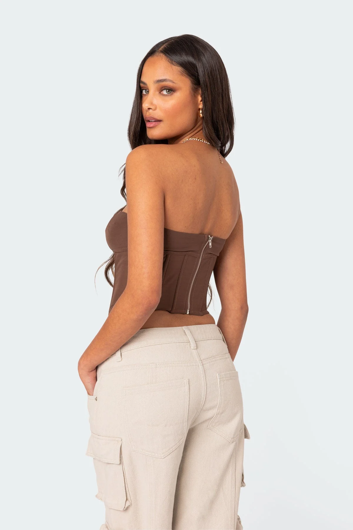 Evangeline Sheer Mesh Corset in Brown Color