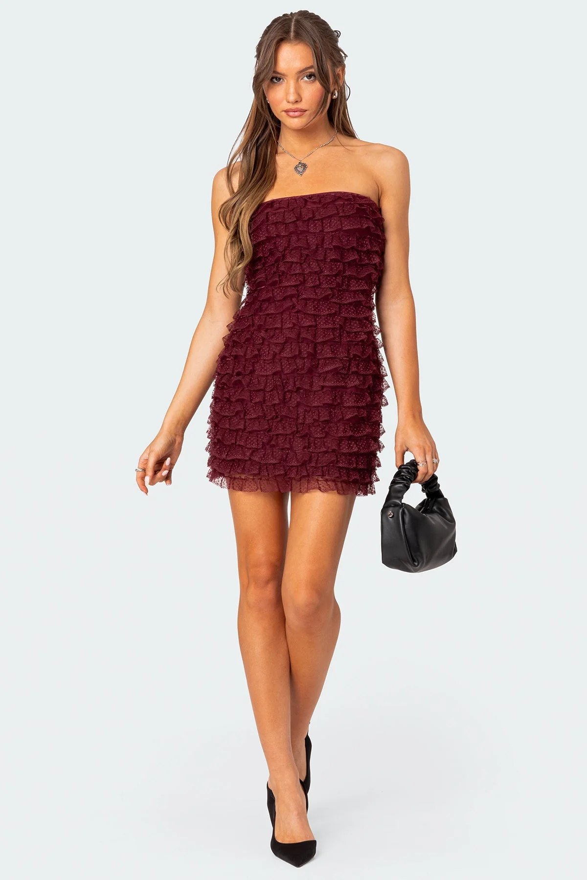 Burgundy Ruffle Mini Dress Womens Strapless Evening Wear
