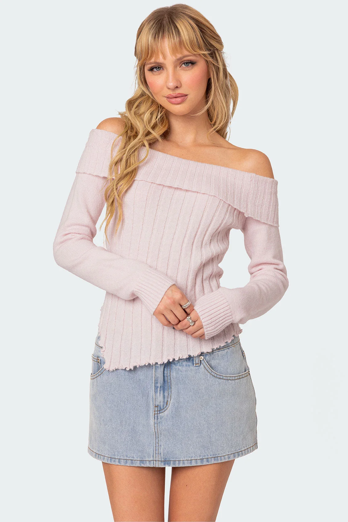Light Pink Knit Fold Over Sweater