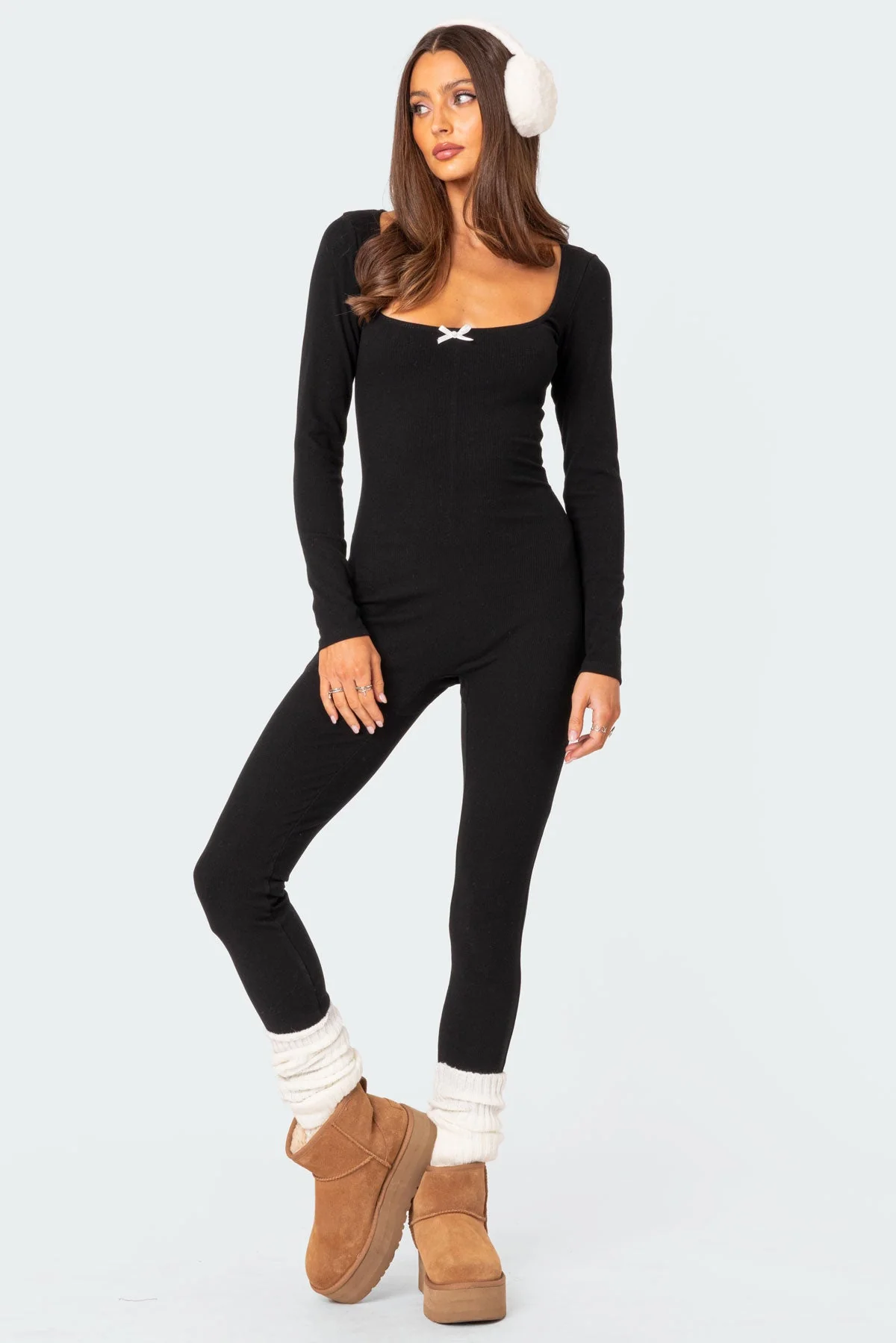 Black Ribbed Lounge Jumpsuit Women Long Sleeve Scoop Neck XL