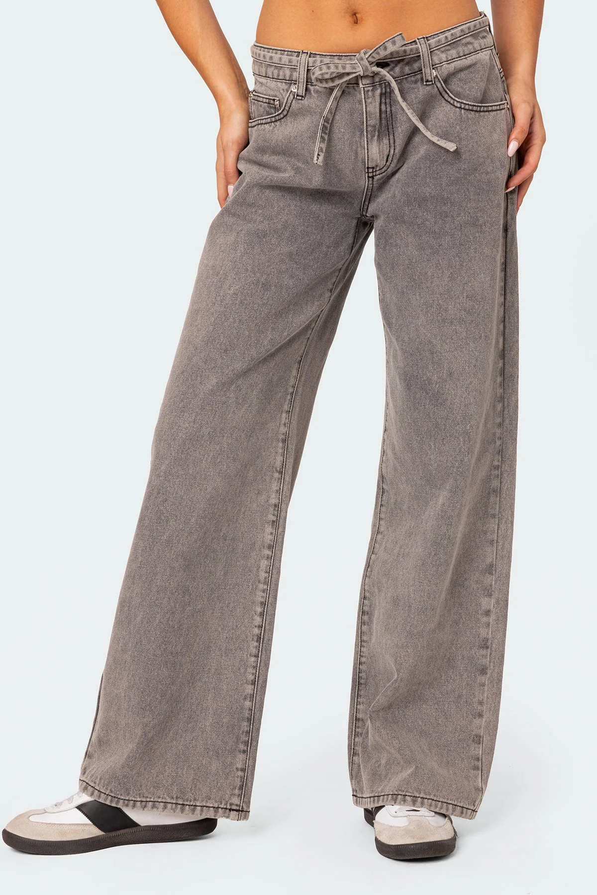 Light Gray Tie Waist Washed Denim Jeans