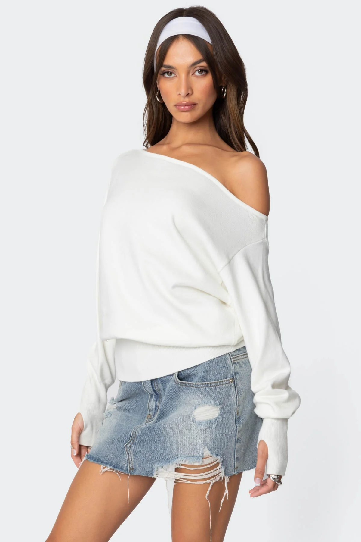 Cream Off-The-Shoulder Chunky Knit Sweater
