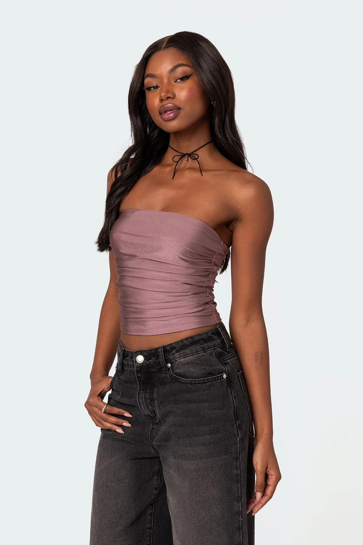 Gathered Shiny Tube Top in Mauve Color