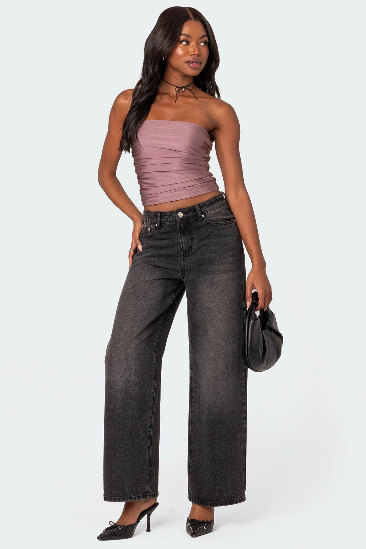 Gathered Shiny Tube Top in Mauve Color