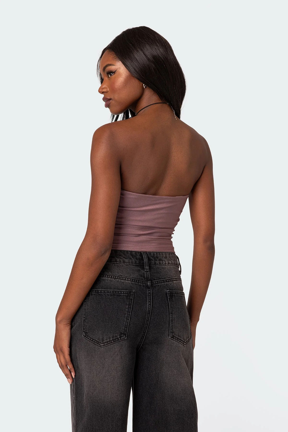 Gathered Shiny Tube Top in Mauve Color