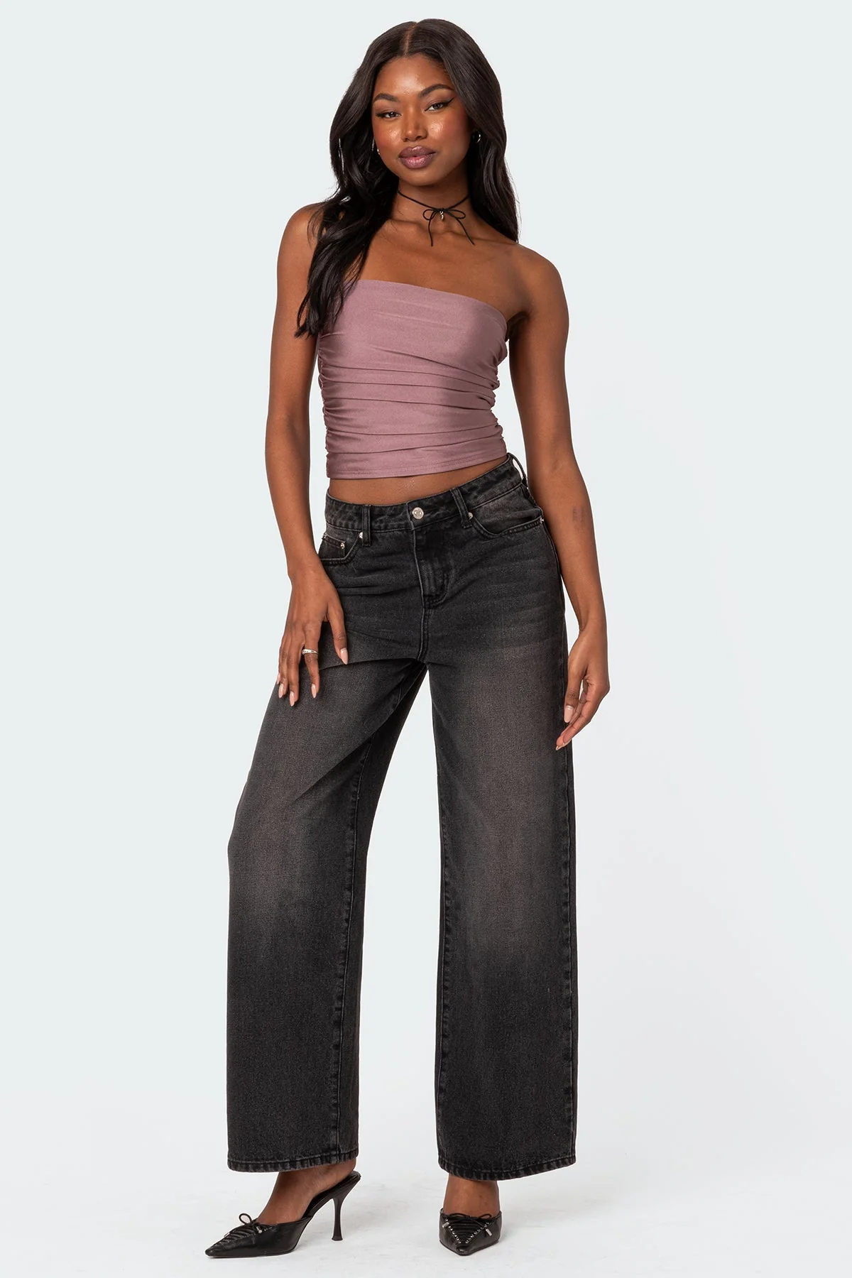 Gathered Shiny Tube Top in Mauve Color