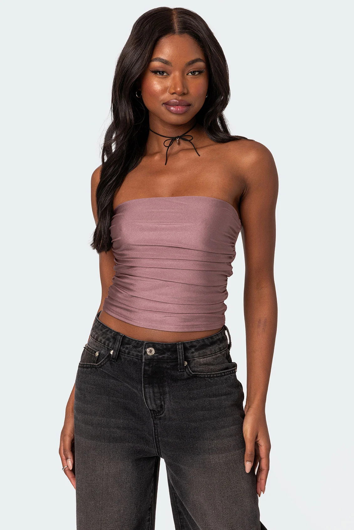 Gathered Shiny Tube Top in Mauve Color