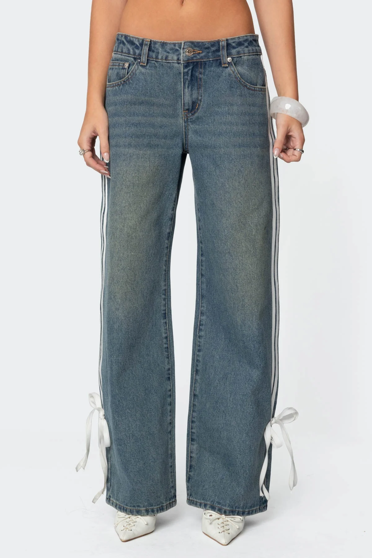 Blue Washed Low Rise Jeans with Ribbon Detailing
