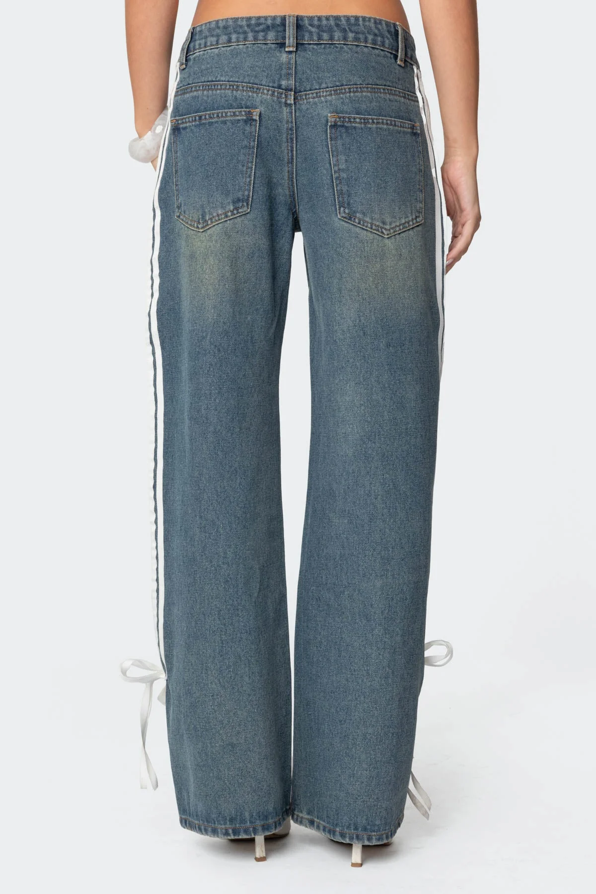 Blue Washed Low Rise Jeans with Ribbon Detailing